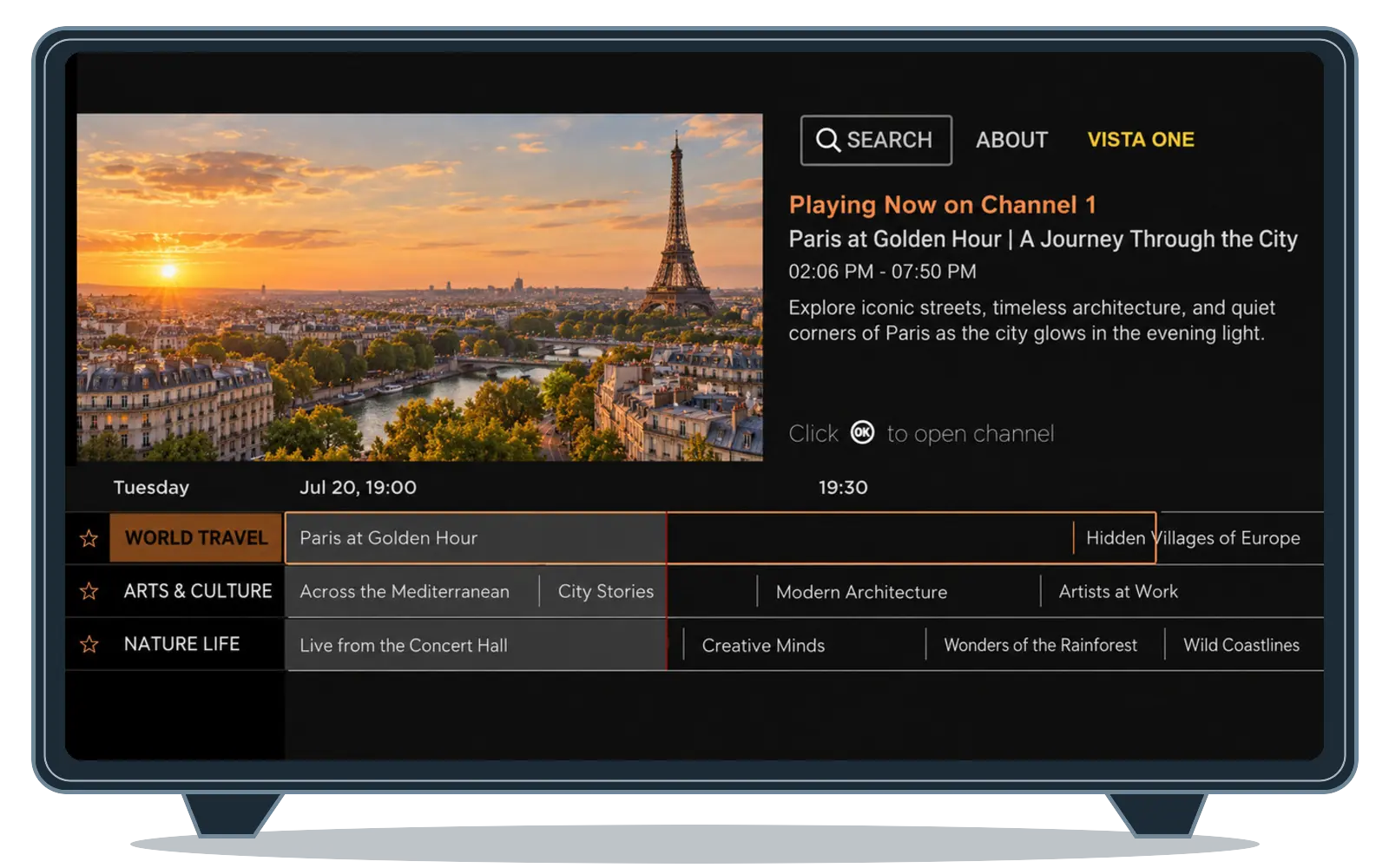 Strimm branded app running on a Roku device, showing a live channel and TV Guide